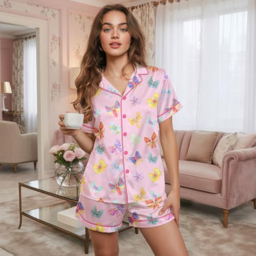 Image of Women 2PCs Satin Pajama Set Short Sleeve Silk Feel Gift Sleepwear
