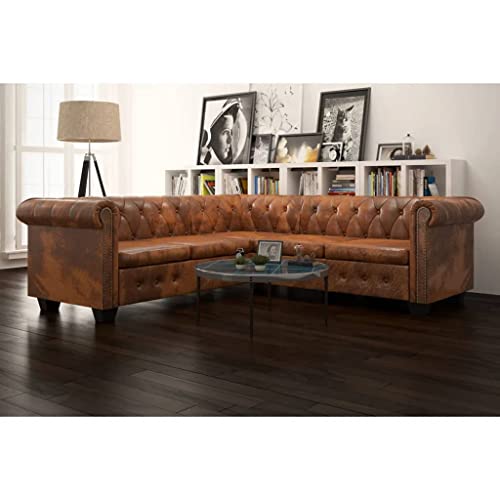 WRJENFSC Canapé d'angle Chesterfield 5 Places en Cuir Artificiel Marron 205 x 205 x 73 cm, Style Classique avec touffes et Clous, Confort Ferme pour Salon...