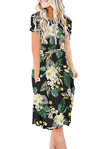 Image of DB MOON Women Summer Casual Short Sleeve Dresses Empire Waist Dress with Pockets