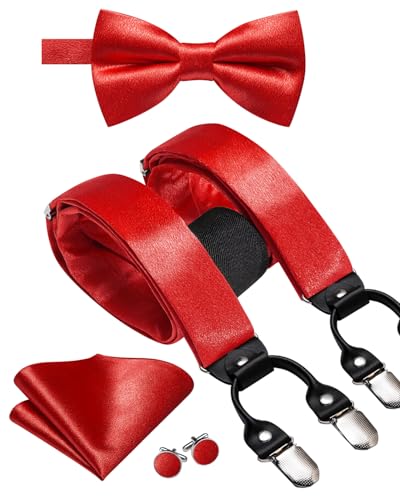 Image of Dubulle Suspender and Bow Tie for Men Paisley Solid Mens Suit Braces Pretied Bowtie and Handkerchief Cufflinks Formal Wedding