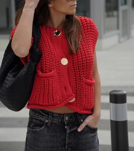 Sumleno Womens Trendy Knit Sweater Vest Solid Button Down Chunky Sleeveless Crochet Cardigan Y2k Crop Tank Tops Streetwear2