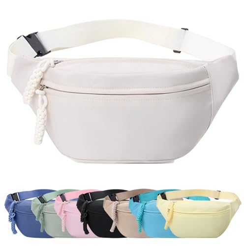 Mayoii Riñonera para mujer, riñonera para mujeres y hombres con cinturón ajustable, 2 bolsillos con cremallera, gran capacidad, riñonera ligera adecuada para uso diario, A-blanco, 120 cm (maximum