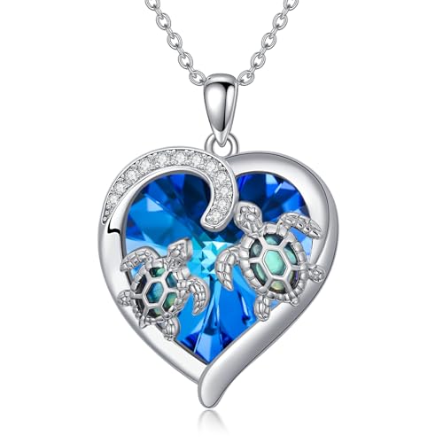 TOUPOP Sterling Silver Turtle Necklace with Abalone Shell Heart Crystal Sea Turtle Pendant Birthday Gift for Women