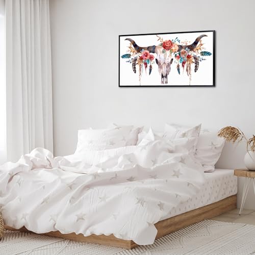 iLOOKLiKE Bull Skull Canvas Wall Art Western Longhorn Skull with Flowers Feathers Pictures Painting Bison Cow Wildlife Artwork Black Floater Frame for Home Farmhouse Country Decoration 20"x40" by iLOOKLiKE - Used condition - Image 3