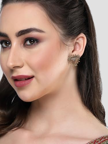 Image of Karatcart Silver Tone Diamond Shape Pink and Blue Carved Stone Studded Drop Earrings for Women