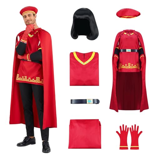 AYYOHON Men Farquaad Costume Hat Red Cloak Top Gloves Belt 5pcs Halloween Cosplay Outfits Fancy Dress Suit Full Set S