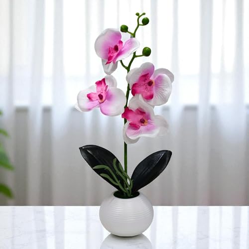 Image of CURATED CART Flower Pot with Artificial Flowers - Orchid Pink & White Flower with White Vase | Ideal for Home Decor | Office Decor | Gifting | Size 36 x 9cm