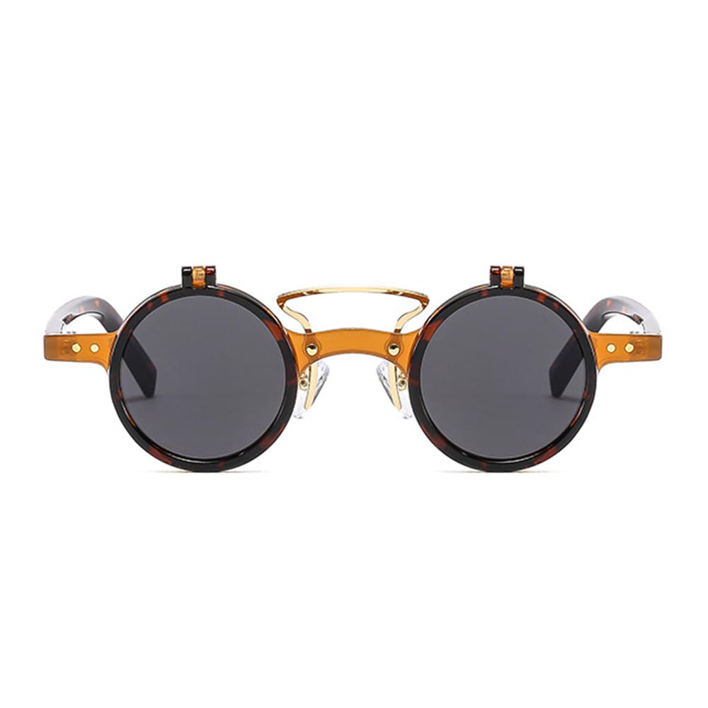 HYLLE Retro Flip-Up Round Goggles Seampunk Sunglasses for Men Women 90s Style