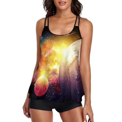 Ensemble bikini tankini espace imprimé planètes avec robe de plage et shorty confort