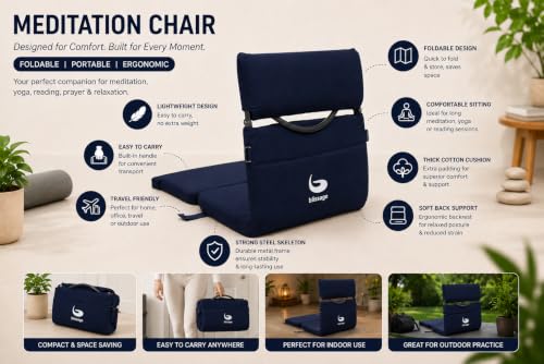 Image of Meditation Chair | Foldable Floor Seat with Cushion and Back Support | for Yoga, Pranayama, Prayer & Cross-Legged Sitting | Portable Metal Frame with Carry Bag | 2 Year Warranty (Dark Blue)