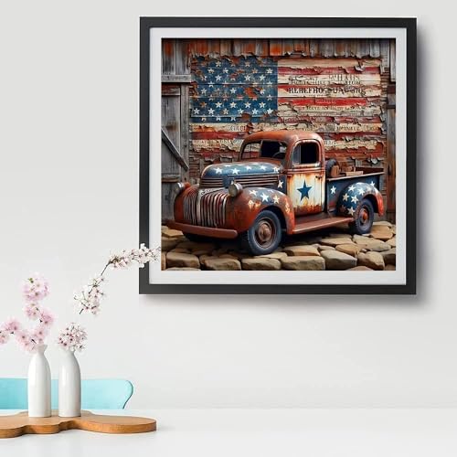 Image of Stamped Cross Stitch Kits for Adults - Truck American Flag Embroidery Kits for Beginners Adults,11 CT Patterns Dimensions Counted Cross Stitch Kits for Arts Craft Kits 14X 14 inch