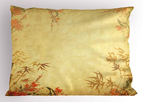 Ambesonne Asian Themed Pillow Sham, Blooming Flower Antique Grunge Background Oriental Forest Branch, Decorative Standard Size Printed Pillowcase, 36
