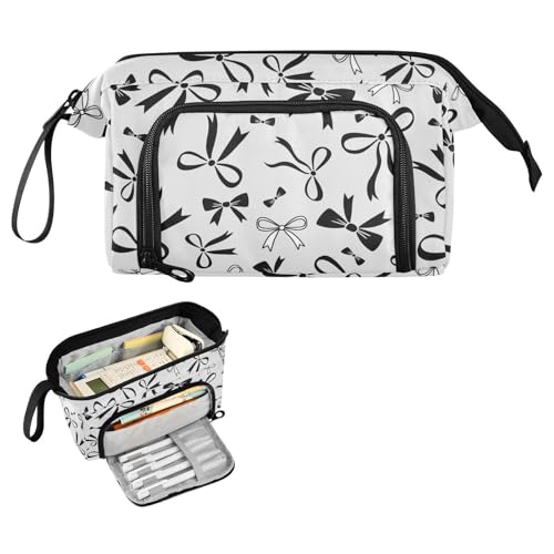 Image of Bow Gray Pencil Case Pouch Big Capacity Pencil Bag Box Organizer Pen Case with Zipper Pencil Cases for Girls Boys Women School College Office
