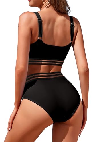 Image of Womens High Waisted Bikini Sets Sporty Crop Top Color Block Swimwear Bandeau Scoop Neck Vintage Two Piece Bathing Suits