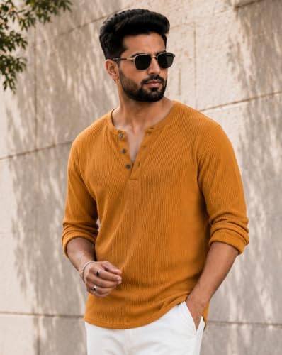 Image of AUSK Men's Waffle Knit Henley T-Shirt | Cotton Blend Full Sleeve Textured Casual T Shirt | Regular Fit Button Placket Round Neck Tshirt for Men