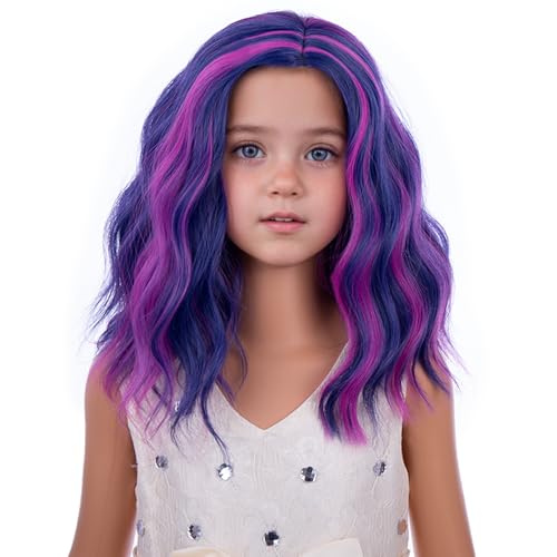 Image of PATTNIUM Kids Pink Blue and Purple Wig Girl Short Blue Wave Curly Wig Children Side Part Bob Wigs Synthetic Cosplay Party Hair