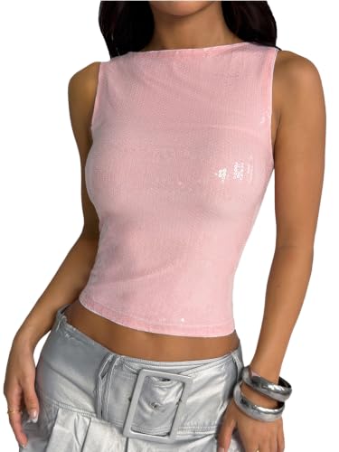 MakeMeChic Women's Sparkly Sequin Tank Tops Going Out Rave Tops