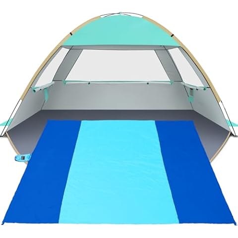 Gorich Beach Tent Sun Shelter with UV UPF50+ Protection for 4-5 People and Extra-Large Sandproof Waterproof Beach Blanket, Perfect for Camping, Travel, and Hiking (SkyRoyal, 10'x9') Cover