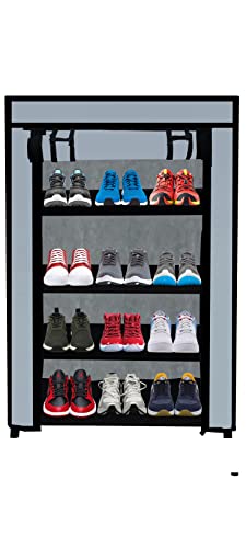 Image of Multi Utility 4 Layer Shelf Collapsible Metal Pipes with Non-Woven 100GSM Fabric Cover for Shoe /Cloth /Toy /Books Rack (Grey, Metal)