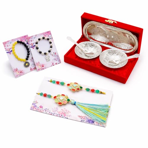 Image of Jaipur Ace Rakhi Gift Hamper for Bhaiya Bhabhi with Silver Plated Bowl Set, Pooja Thali, 2 Designer Rakhis, Roli Chawal, Raksha Bandhan Gift Set for Brother Bhabhi, Premium Rakhi Combo with Red Velvet Box