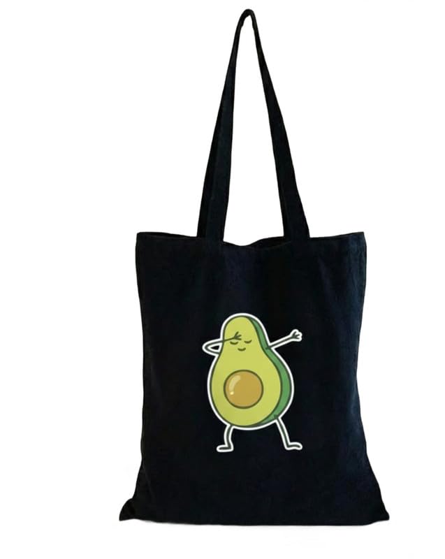 Women Canvas Tote Bag | Reusable Shopping & Daily Use Handbag | Strong Fabric Carry Bag | Size 14 x 16 Inches | Colour -Black With Avocado Print