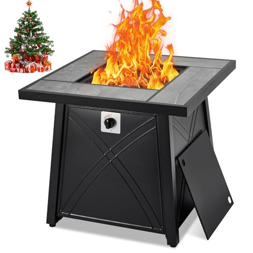 28 Inch Gas Fire Pit Table, Outdoor Propane Fire Pit Table with Steel Lid & Volcanic Rock, Square Firepit Adjustable Footpads for Gatherings Parties on Patio Deck Garden Backyard