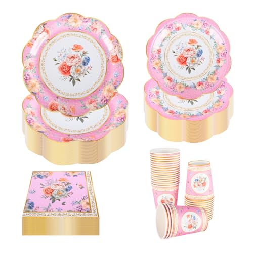 PHUNAT Vintage Party Tableware Set for 30 Guests - Pink Floral Paper Plates Napkins & Teacups - Classic British Style Paper Tableware for Garden Afternoon Tea Party, Baby Shower, Birthday, Wedding