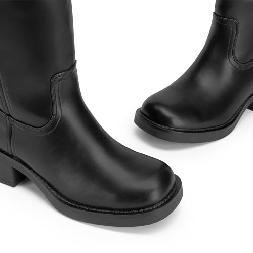 DREAM PAIRS DREAM PAIRS Womens Knee High Boots Square Toe Platform Chunky Block Heel Banana Campus Boots for Women Comfortable Low Heel Side Zipper Womens Riding Tall Boots,Size 7,Black,DWUMKB2539