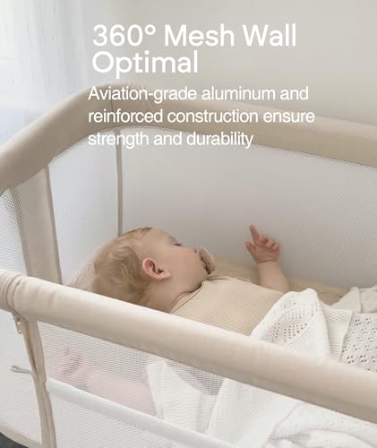 Fodoss Baby Bassinets Bedside Sleeper - All Mesh Bedside Bassinet with Wheels, 7 Height Adjustable Baby Bassinet for Infants, Beige