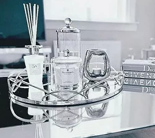Silver Round Mirrored Candle / Drinks / Cosmetic Organizer - Large 30cm