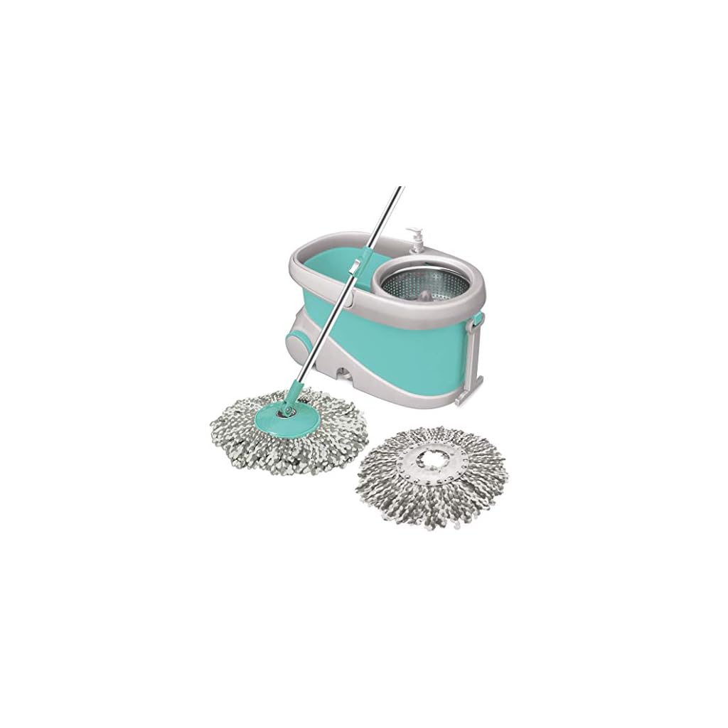 Spotzero by Milton Prime Spin Mop with Big Wheels and Stainless Steel Wringer, Bucket Floor Cleaning and Mopping System,2 Microfiber Refills