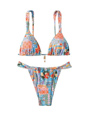 Women's 2 Piece Floral Tropical Print Bikini Set Boho Triangle Bathing Suit Tie Backless Swimsuit Sets