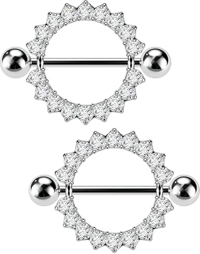 OUFER Body Piercing Nipple Bars 14G/1.6mm 316L Stainless Steel 14mm Clear CZ Shield Nipple Rings Barbebll Piercing Jewellery Sold by Pair