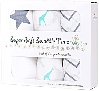 DaisyGro Luxury Swaddle Blankets, Certified Organic Muslin Cotton, 3 Unisex Designs, Large 120cm x120cm