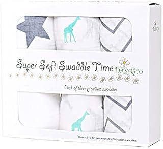 DaisyGro Luxury Swaddle Blankets, Certified Organic Muslin Cotton, 3 Unisex Designs, Large 120cm x120cm