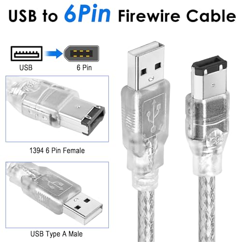 Herfair FireWire IEEE 1394 Cable,USB to 6 Pin Male to Male Cord,Data Transfer Adapter,FireWire 400 DV iLink Converter for Laptop to Camcorder,DV Camera to Computer Cable 1.8m
