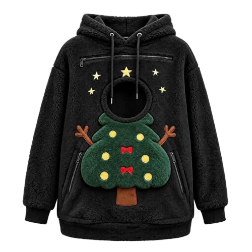Womens Christmas Pullover Sweaters Cute Pet Pouch Winter Fleece Hoodies - image 5