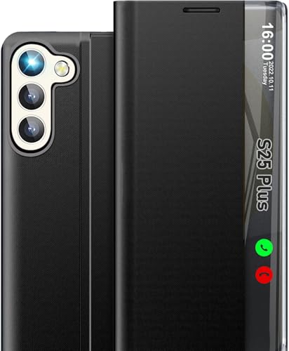 Coque Samsung S25 Plus 5G antichoc étui rabat mince cuir rigide PC noir