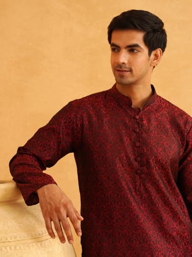 Image of SOJANYA (Since 1958 Men's Silk Blend Self Design Maroon Kurta and Churidar Pyjama Set