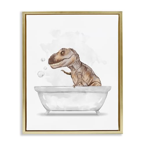 Image of T Rex Dino Bubble Bath Bathroom, 16 x 20 Inch Canvas in Floater Frame | Stupell Industries . By Ziwei Li . Ready to hang . Fun kids bathroom decor . Made in USA