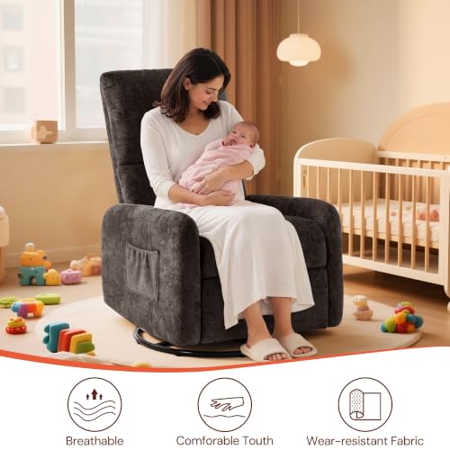 Image of Korser 360 Rocking Chair, Nursery Rocker Chair with Side Pockets, Glider Nursing Chair with Steel Structure Base, Small Chair for Small Spaces, Chenille Swivel Accent Chairs for Living Room, Nursing