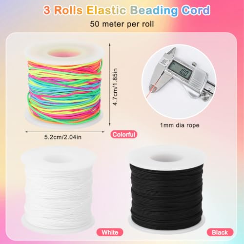 Image of HASTHIP 3 Rolls 1mm Nylon Elastic Beading String Cord, 50M Each Black White & Colorful Stretch Thread for Jewelry Making, Bracelet Necklace Crafting & DIY Bead Projects
