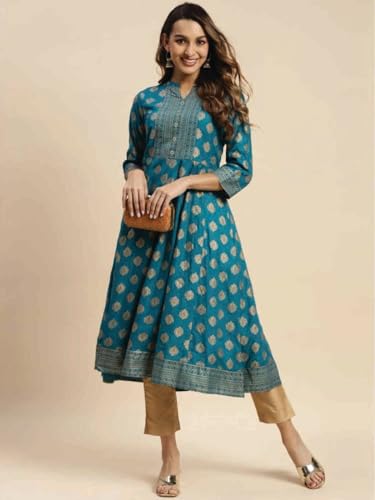 Image of rangita Teal Rayon Calf Length Printed Flared Kurti for Women | Kurta for Women