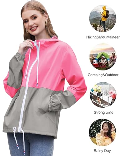 SoTeer Packable Rain Jacket Women Lightweight Waterproof Raincoat with Hood Women's Windbreaker Jackets,Upgraded Rose Red/Gray/XL - Thumbnail 4