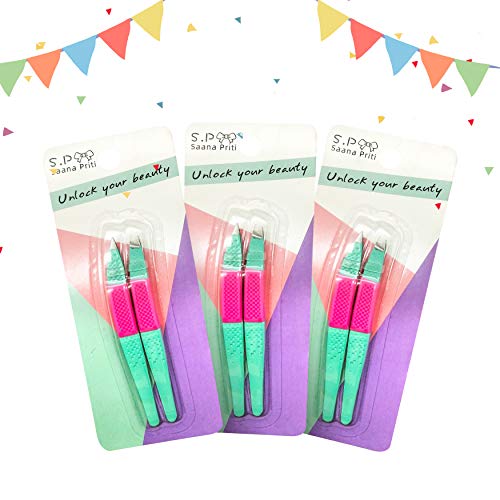Saana Priti Tweezers Set for Women Slant+Sharp Tip Stainless Steel Professional Hair Removal Tweezers Precision for Eyebrows (3 Pack)