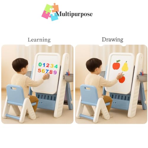 Image of Little Olive Kids Chair and Drawing Board with Easel | 3 in 1 Multipurpose Activity Table Desk Set | Convertible Study Furniture for Toddlers and Preschoolers (Blue)