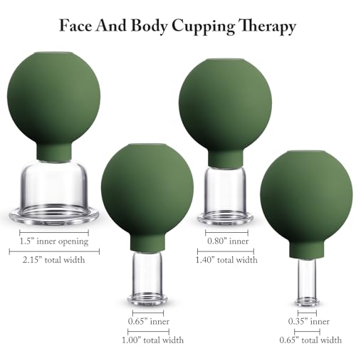 Image of BBTO 4 Pcs Glass Facial Cupping Set Silicone Vacuum Suction Massage Cups Skin Tightening Therapy for Face Body Eyes Back Shoulder Pain(Military Green)