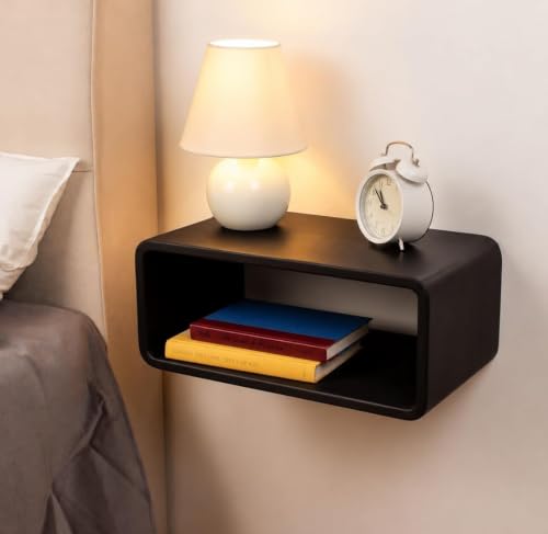 Image of UHUD CRAFTS Wooden Floating Nightstand with 2-Tier Storage, Wall Mounted Bedside Shelf, Floating Bedside Table for Bedroom, Space Saving Nightstand with Open Storage for Books & Plants - Black