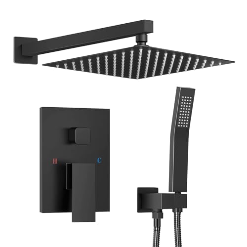 Juego de grifo de ducha empotrado, color negro, con alcachofa de ducha, temperatura ajustable, cabezal de ducha rectangular, cuerpo de válvula, juego de montaje en pared