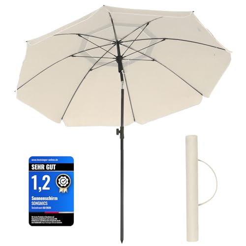SONGMICS Sonnenschirm, 160 cm, Sonnenschutz, UPF 50+, neigbar um 30 Grad in beide Richtungen, höhenverstellbar, mit Tragetasche, für Balkon, Garten, Terrasse, Strand, ohne Sockel, Beige GPU60WTV1